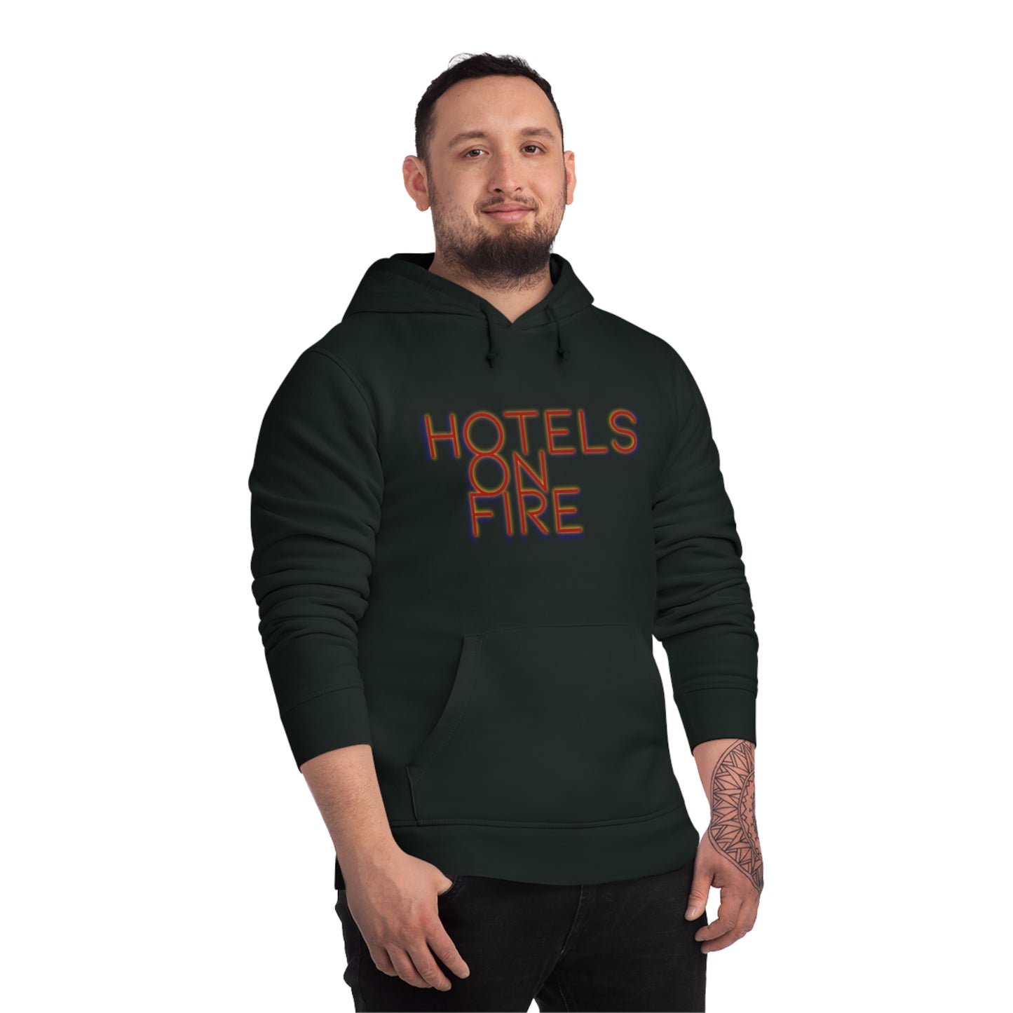 Unisex Drummer Hoodie - Primary 'Hotels on Fire' Design with Colorful Geometric Back