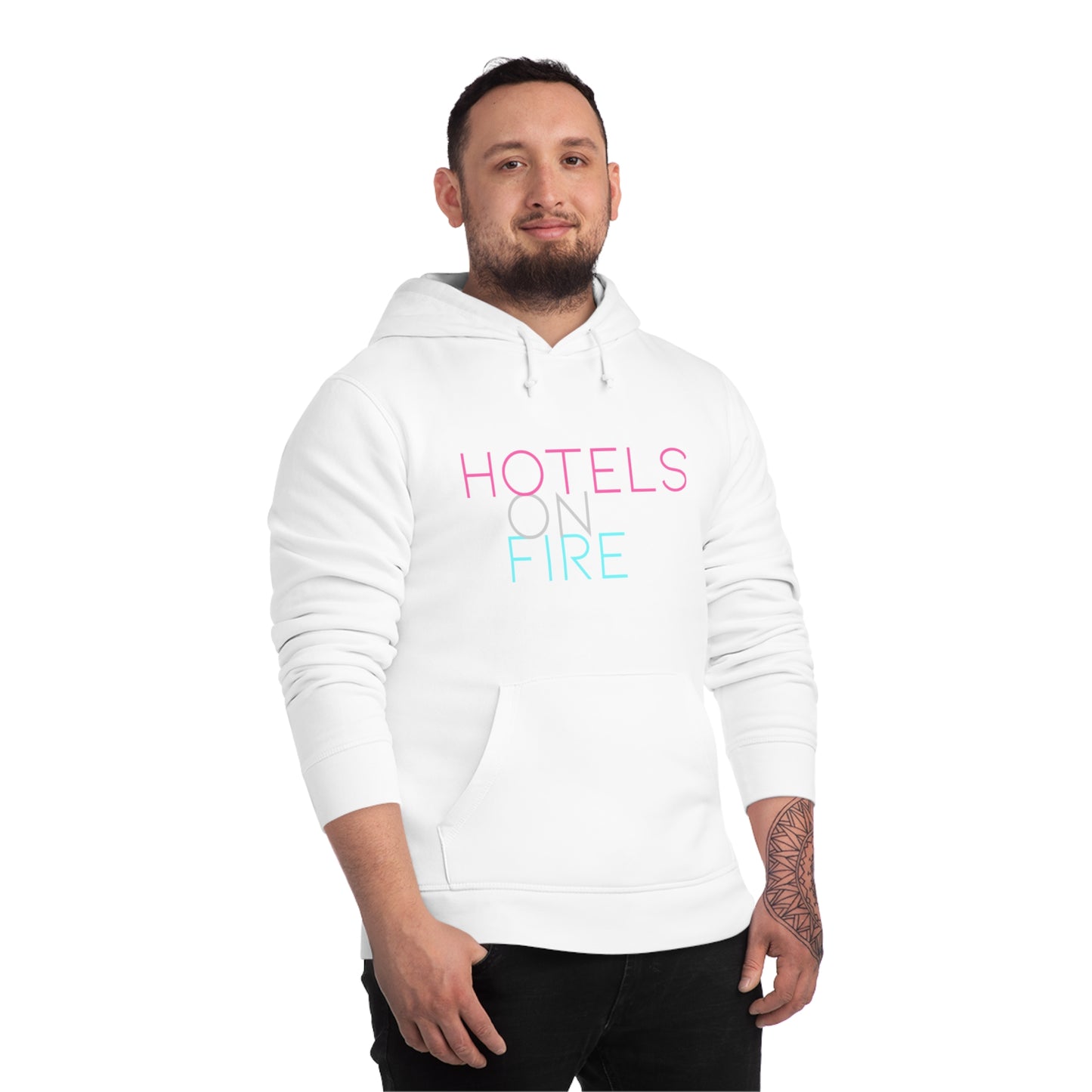 Unisex Drummer Hoodie - 'Hotels on Fire' Graphic with Colorful Mandala Design