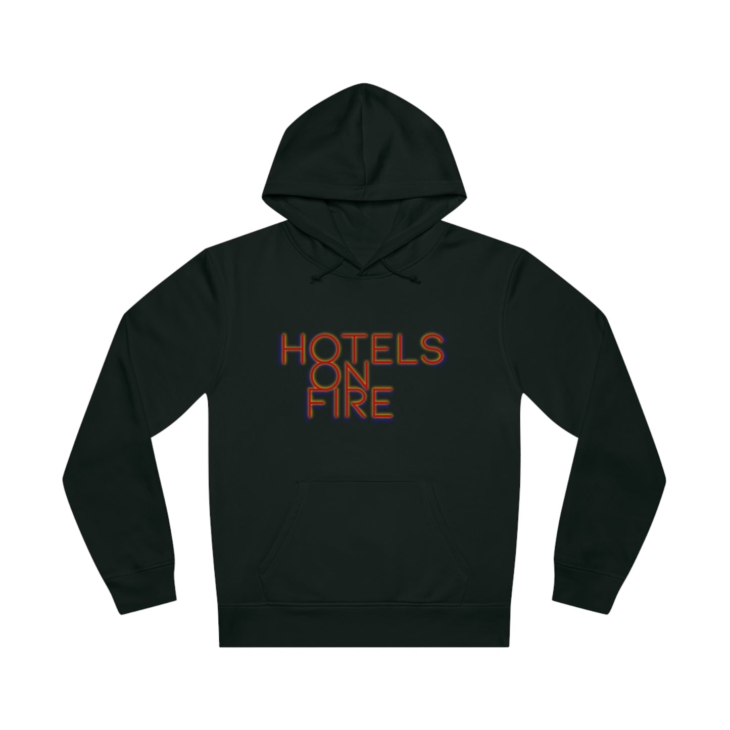 Unisex Drummer Hoodie - Primary 'Hotels on Fire' Design with Colorful Geometric Back