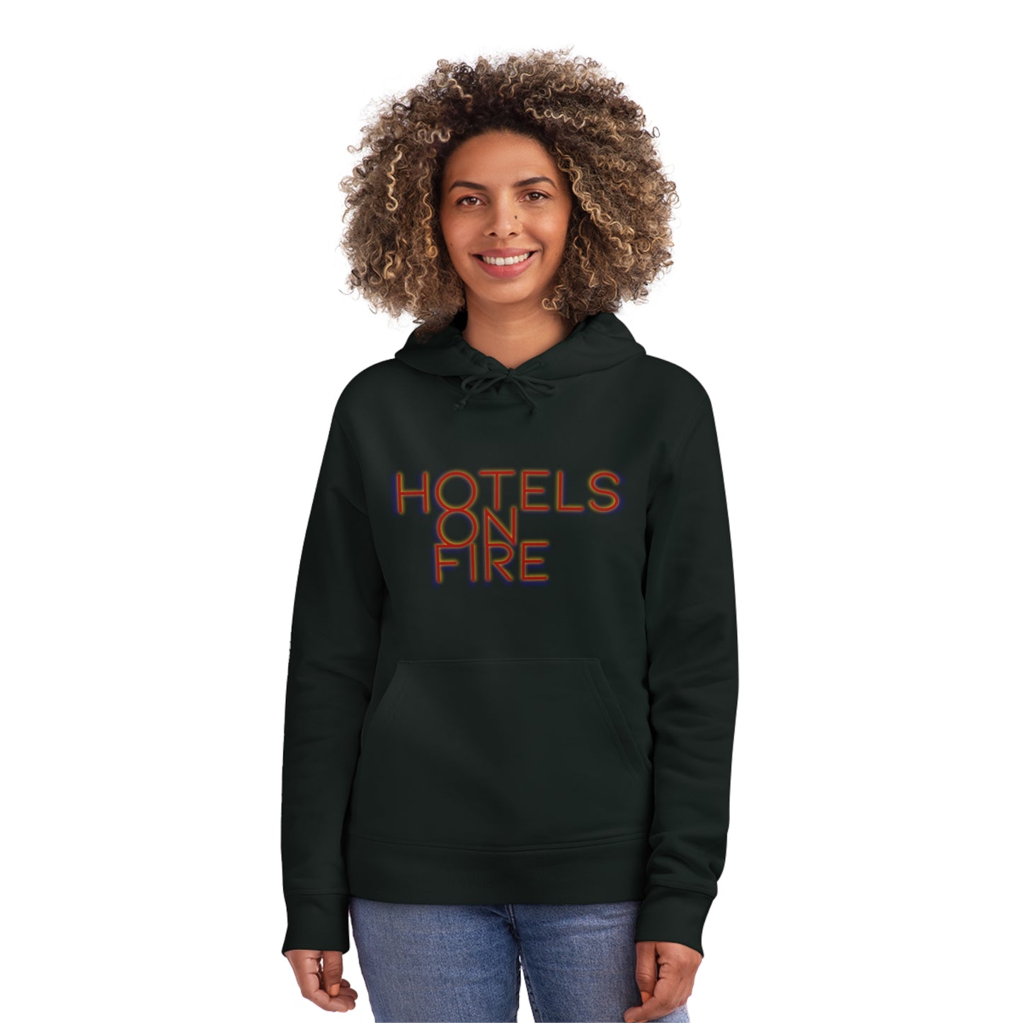 Unisex Drummer Hoodie - Primary 'Hotels on Fire' Design with Colorful Geometric Back